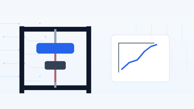Illustration of an Arduino universal testing machine frame beside a stress-strain graph