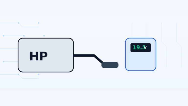 Illustration of an HP laptop charger with a meter reading its DC output voltage