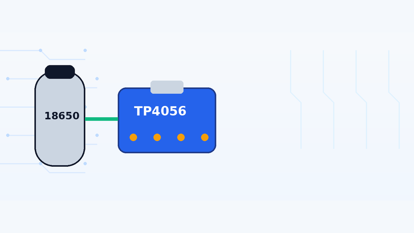 Illustration of an 18650 lithium-ion cell connected to a TP4056 charging module